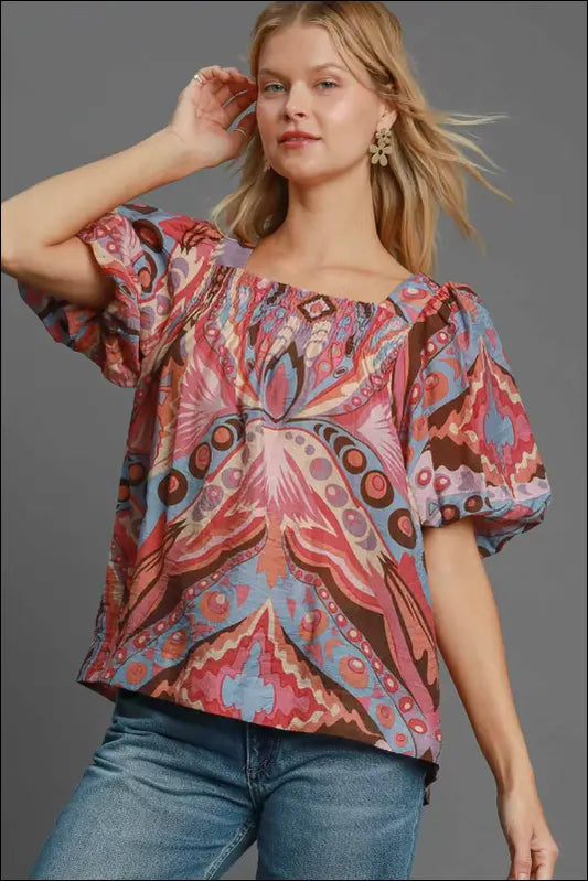Umgee Full Size Abstract Print Smocked Square Neck Puff Sleeve Blouse - Pink Mix / S