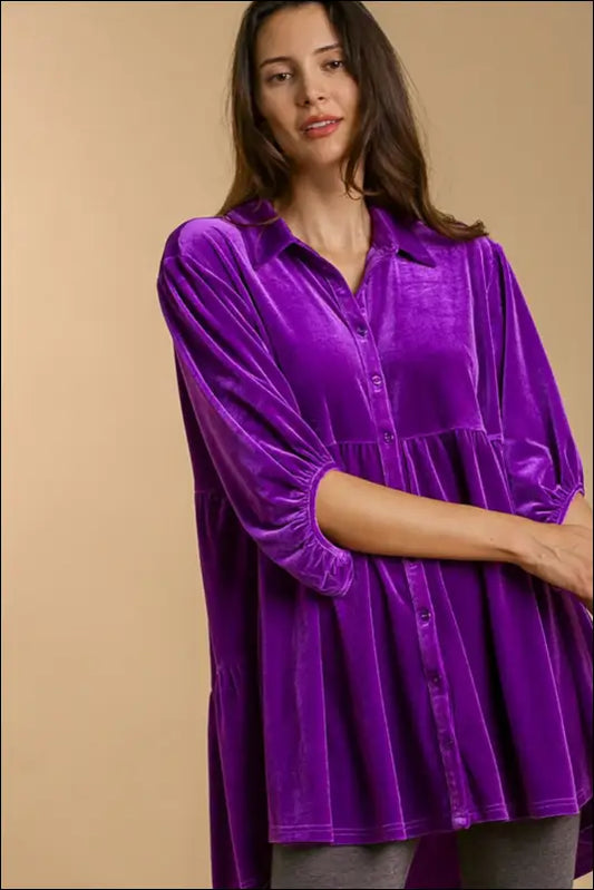 Umgee Full Size Button Down Tiered Back High Low Shirt - Violet / S
