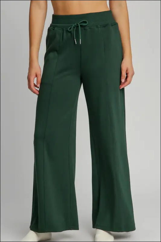 Umgee Full Size Drawstring Wide Leg Pants with Pockets - Evergreen / S