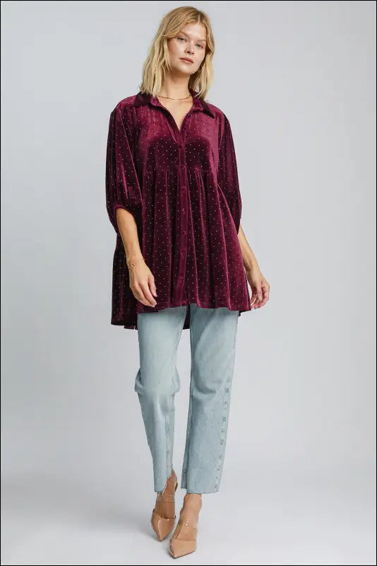 Umgee Full Size Polka Dot Button Up Half Sleeve Shirt