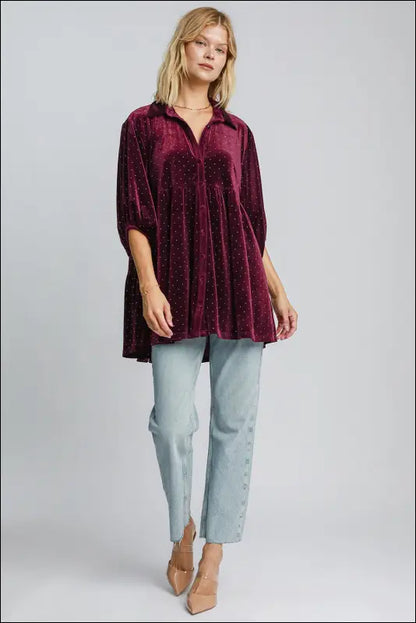 Umgee Full Size Polka Dot Button Up Half Sleeve Shirt