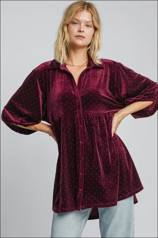 Umgee Full Size Polka Dot Button Up Half Sleeve Shirt - Burgundy / S