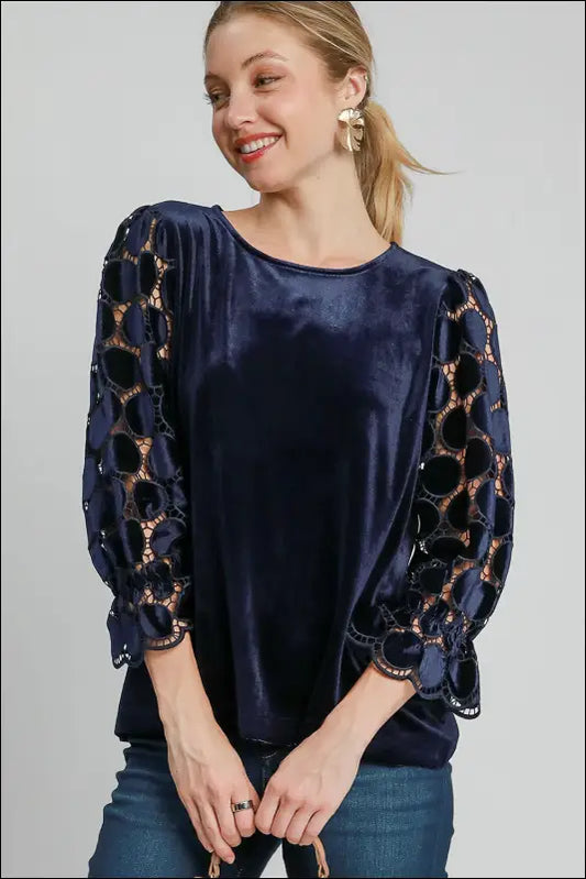 Umgee Polka Dot Lace Long Sleeve Round Neck Blouse - Navy / S