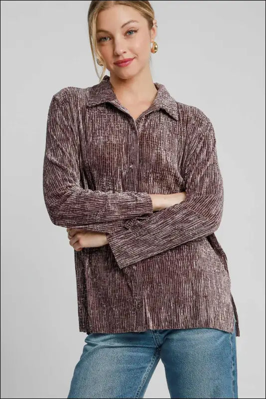 Umgee Side Slit Texture Button Up Shirt - Brown / S