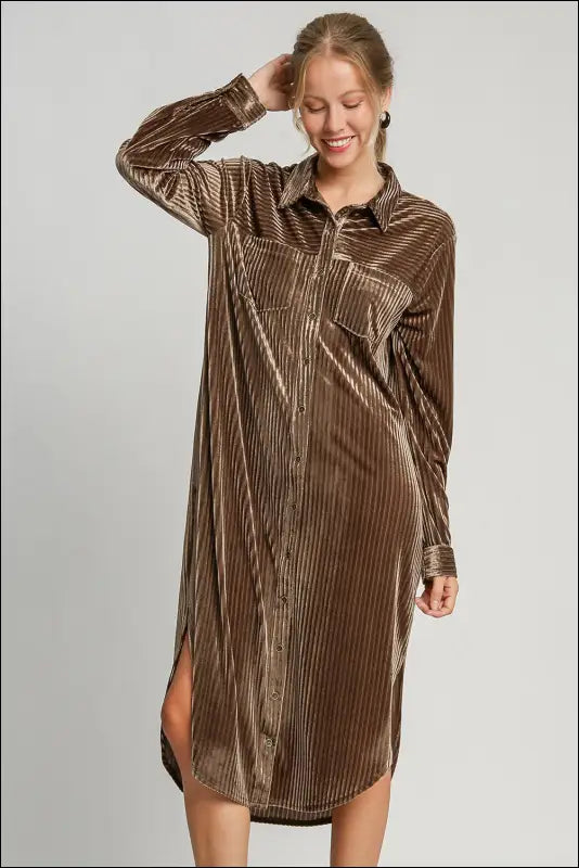 Umgee Texture Curved Hem Button Down Shirt Dress