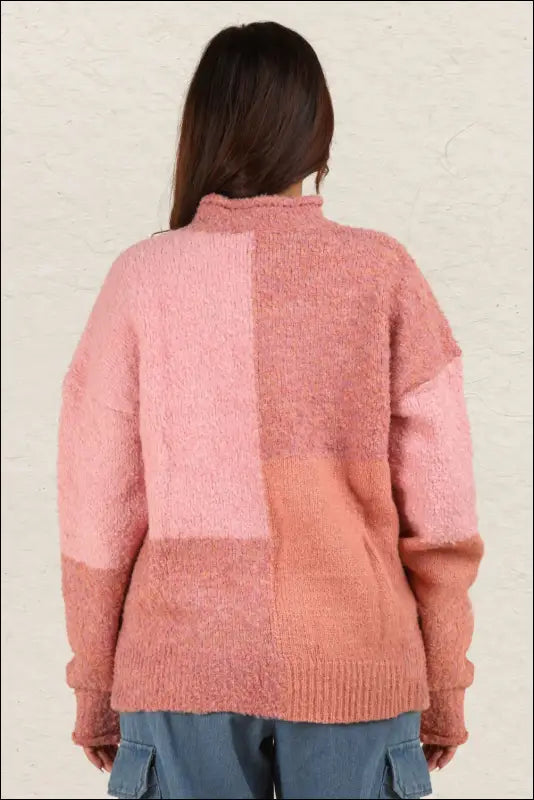 VERY J Color Block Mock Neck Drop Shoulder Sweater