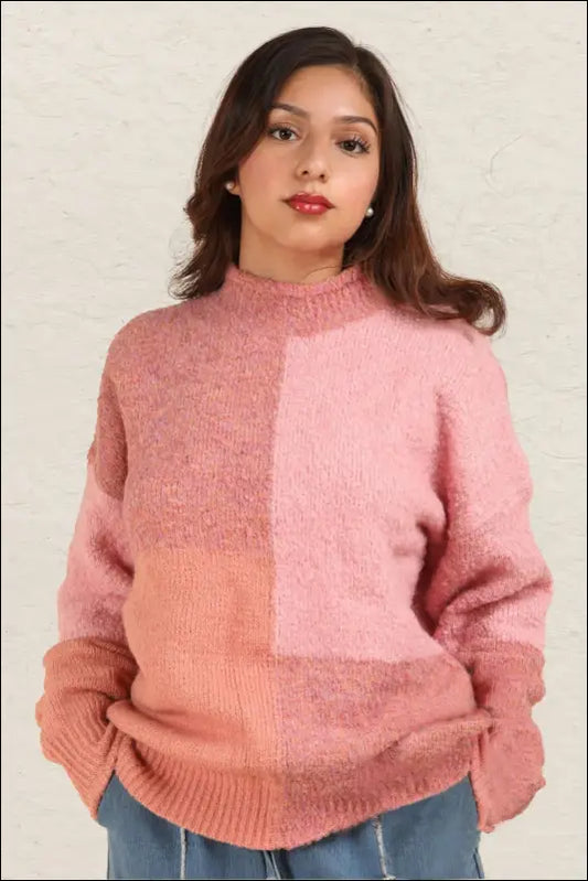 VERY J Color Block Mock Neck Drop Shoulder Sweater - Pink / S