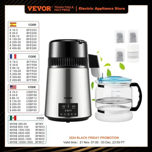 VEVOR 4L Water Distiller Purifier with Dual Temperature Display Overheat Protection Filter Dispenser for Home & Drinking