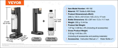VEVOR Sparkling Water Maker – Home Soda Machine with Carbonation Seltzer Starter Kit Includes BPA-Free 1L PET Bottle