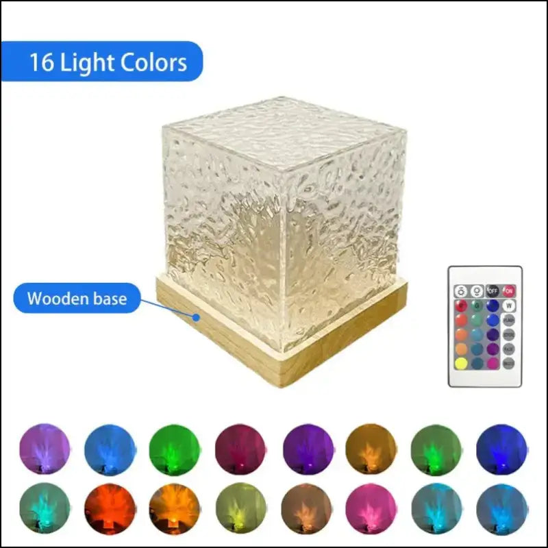 Water Ripple Projector Night Light - 16-Color Flame Crystal Lamp for Home Decoration & Sunset Ambiance - Wood Base-16