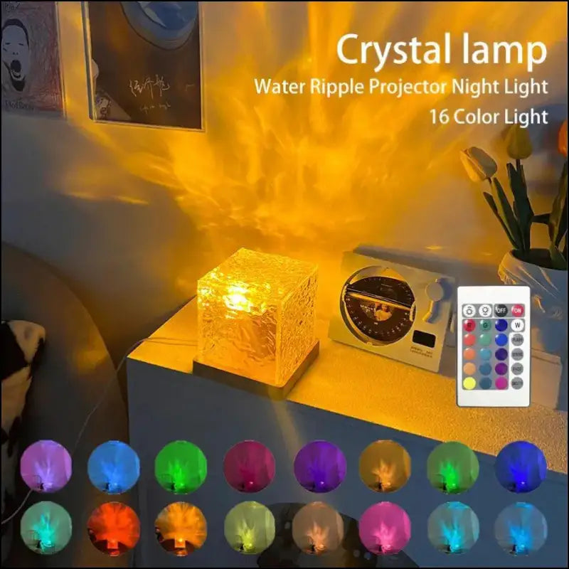 Water Ripple Projector Night Light - 16-Color Flame Crystal Lamp for Home Decoration & Sunset Ambiance
