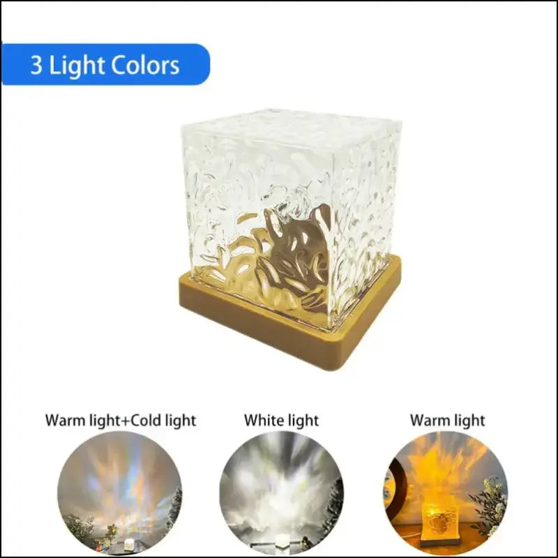 Water Ripple Projector Night Light - 16-Color Flame Crystal Lamp for Home Decoration & Sunset Ambiance - Square-3 Colors
