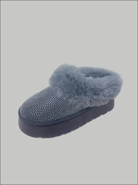 WILD DIVA Embellished Faux Fur Platform Booties - Gray / 5.5