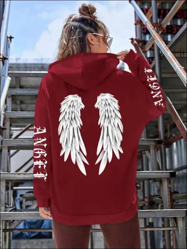 ’Women’s Angel Wings Printed Hoodie - Warm Casual Loose-Fit Fashion Sweatshirt’ - Wine Red / XL - Women Hoodies