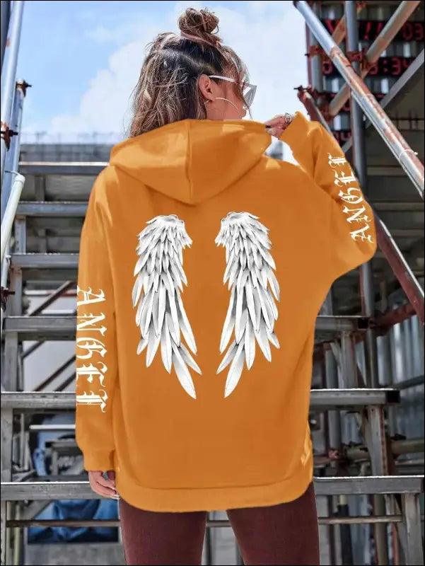 ’Women’s Angel Wings Printed Hoodie - Warm Casual Loose-Fit Fashion Sweatshirt’ - Khaki / XXL - Women Hoodies