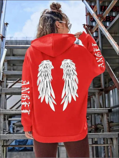 ’Women’s Angel Wings Printed Hoodie - Warm Casual Loose-Fit Fashion Sweatshirt’ - Red / XXL - Women Hoodies