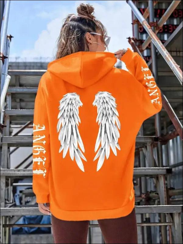 ’Women’s Angel Wings Printed Hoodie - Warm Casual Loose-Fit Fashion Sweatshirt’ - Orange / XXL - Women Hoodies