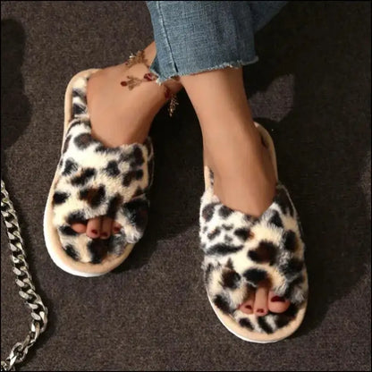 Women’s CrissCross Band Plush House Slippers - Open Toe Fuzzy Warm Winter Indoor Shoes for Cozy Comfort - Women