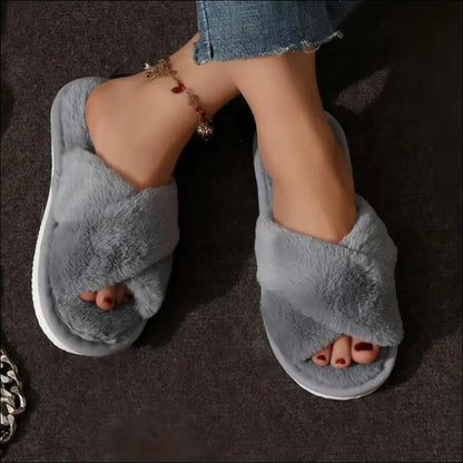 Women’s CrissCross Band Plush House Slippers - Open Toe Fuzzy Warm Winter Indoor Shoes for Cozy Comfort - Gray