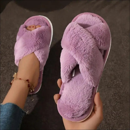 Women’s CrissCross Band Plush House Slippers - Open Toe Fuzzy Warm Winter Indoor Shoes for Cozy Comfort - Women
