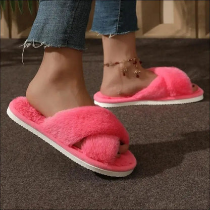 Women’s CrissCross Band Plush House Slippers - Open Toe Fuzzy Warm Winter Indoor Shoes for Cozy Comfort - Women