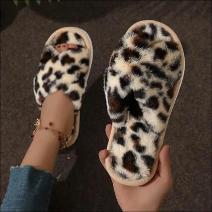 Women’s CrissCross Band Plush House Slippers - Open Toe Fuzzy Warm Winter Indoor Shoes for Cozy Comfort - Women