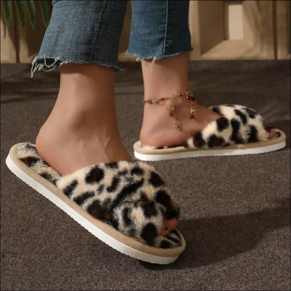 Women’s CrissCross Band Plush House Slippers - Open Toe Fuzzy Warm Winter Indoor Shoes for Cozy Comfort - Women