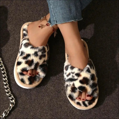 Women’s CrissCross Band Plush House Slippers - Open Toe Fuzzy Warm Winter Indoor Shoes for Cozy Comfort - Leopard