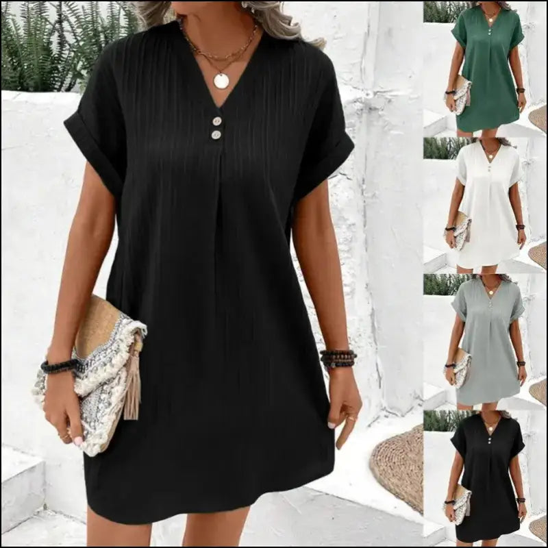 ’Women’s Loose T-Shirt Dress 2024 - V Neck Short Sleeve Baggy Solid Sundress for Plus Size & Beach Wear’ - Women’s