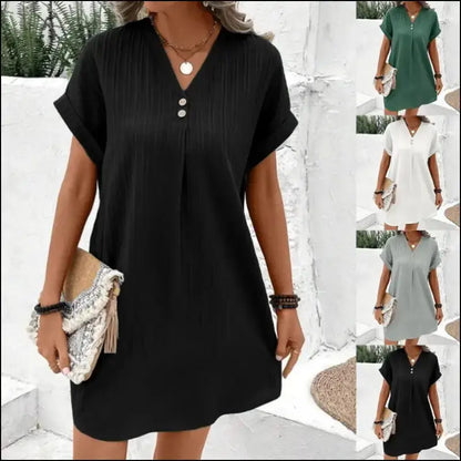 ’Women’s Loose T-Shirt Dress 2024 - V Neck Short Sleeve Baggy Solid Sundress for Plus Size & Beach Wear’ - Women’s