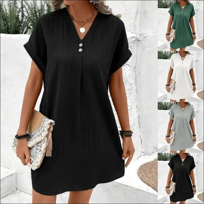 ’Women’s Loose T-Shirt Dress 2024 - V Neck Short Sleeve Baggy Solid Sundress for Plus Size & Beach Wear’ - Women’s