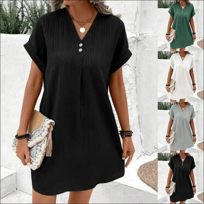 ’Women’s Loose T-Shirt Dress 2024 - V Neck Short Sleeve Baggy Solid Sundress for Plus Size & Beach Wear’ - Women’s