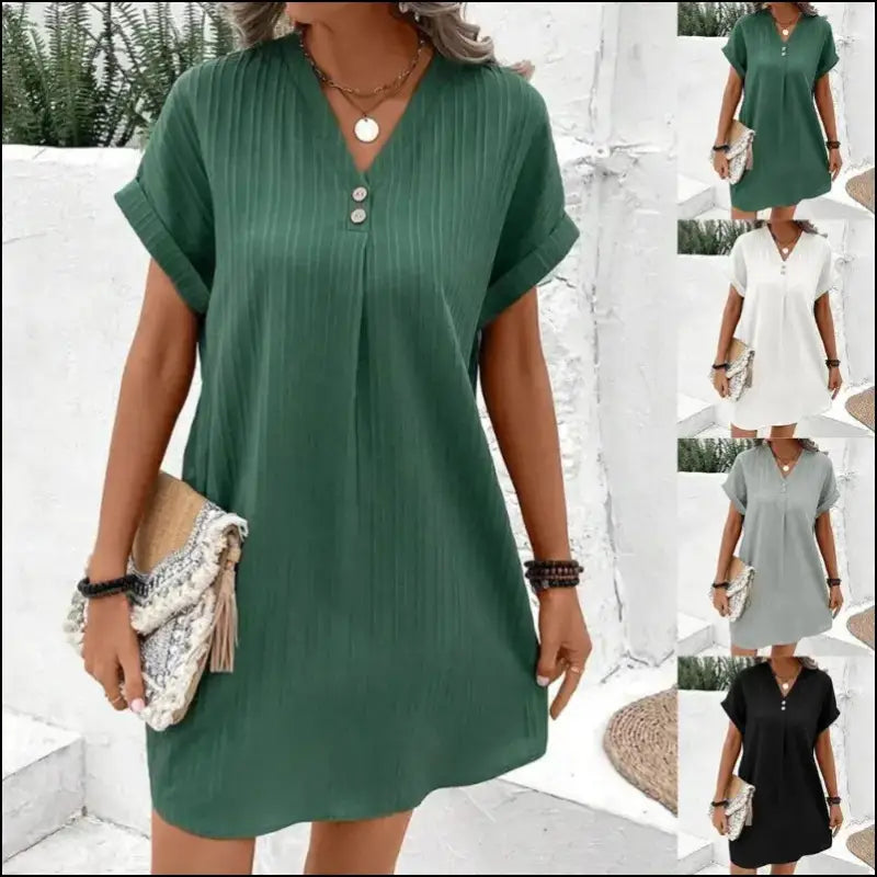 ’Women’s Loose T-Shirt Dress 2024 - V Neck Short Sleeve Baggy Solid Sundress for Plus Size & Beach Wear’ - Women’s