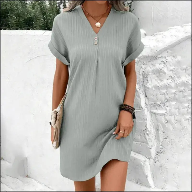 ’Women’s Loose T-Shirt Dress 2024 - V Neck Short Sleeve Baggy Solid Sundress for Plus Size & Beach Wear’ - Women’s