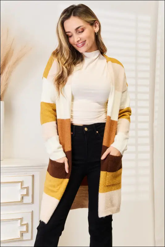Woven Right Color Block Dropped Shoulder Cardigan - Brown/Tan Stripe / S