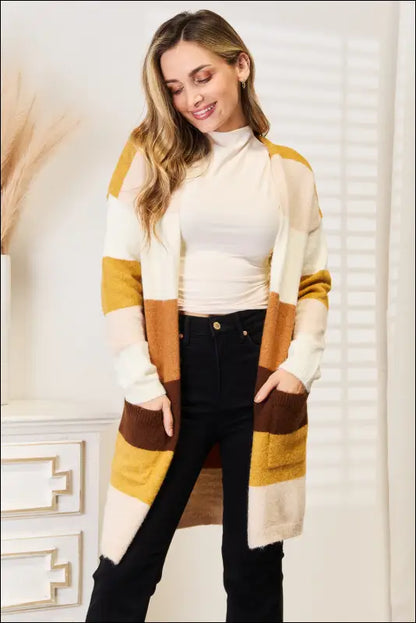 Woven Right Color Block Dropped Shoulder Cardigan - Brown/Tan Stripe / S