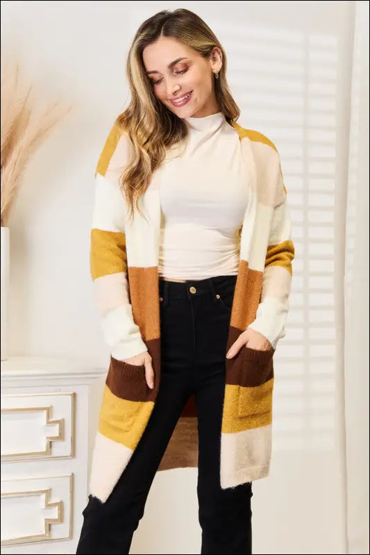 Woven Right Color Block Dropped Shoulder Cardigan - Brown/Tan Stripe / S