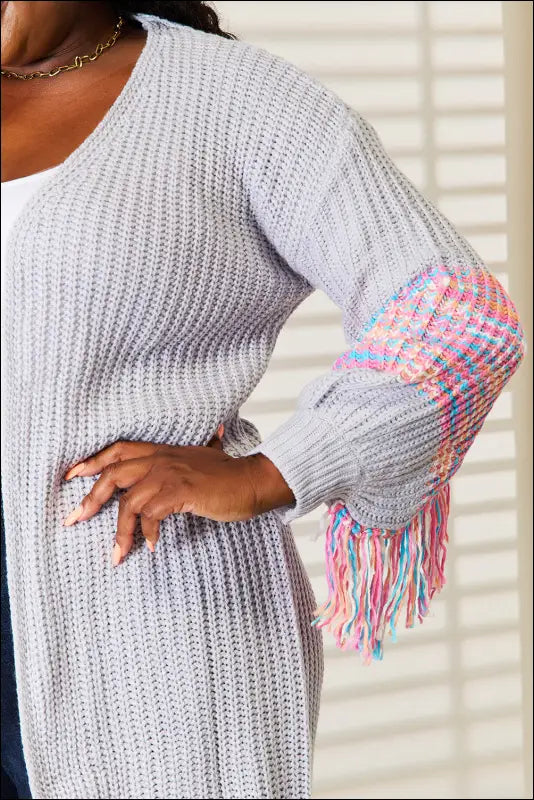 Woven Right Fringe Sleeve Dropped Shoulder Cardigan