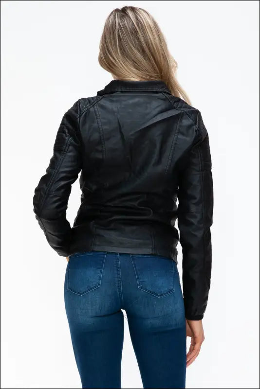 YMI Removable Faux Layered Multi-Pocket Jacket with Fuzzy Hood