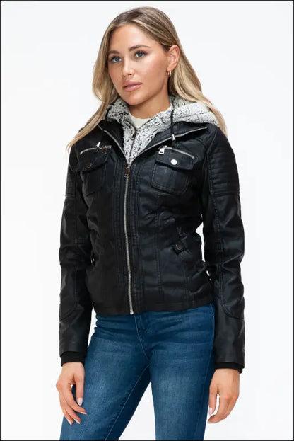 YMI Removable Faux Layered Multi-Pocket Jacket with Fuzzy Hood