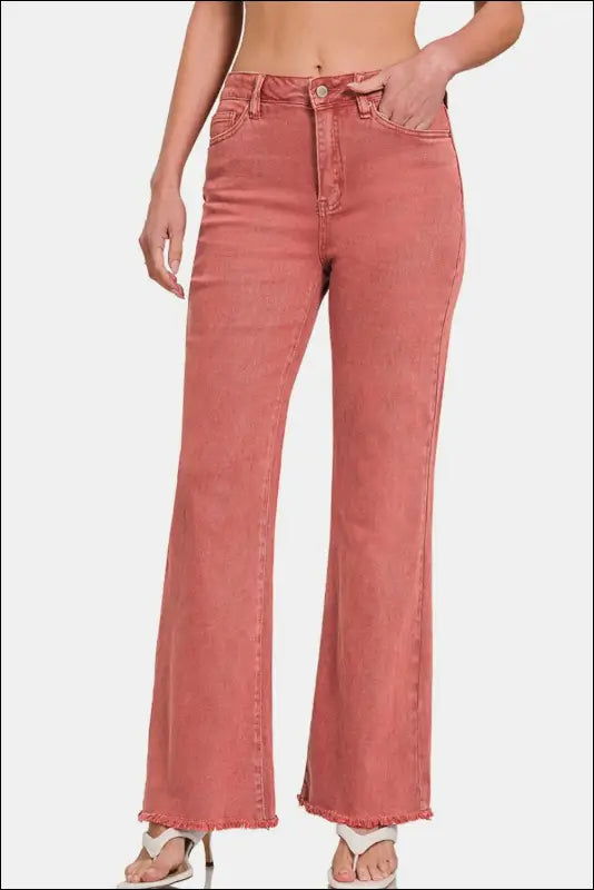 Zenana Acid Washed Frayed Hem Bootcut Jeans