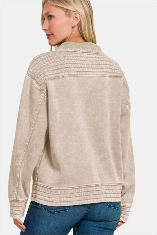 Zenana Acid Washed Half Snap Fleece Sweatshirt