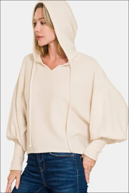 Zenana Brushed Hacci Drop Shoulder Cropped Hoodie - Sand Beige / S/M