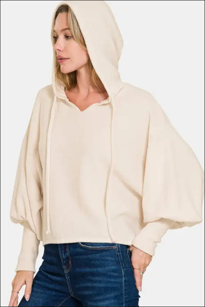 Zenana Brushed Hacci Drop Shoulder Cropped Hoodie - Sand Beige / S/M