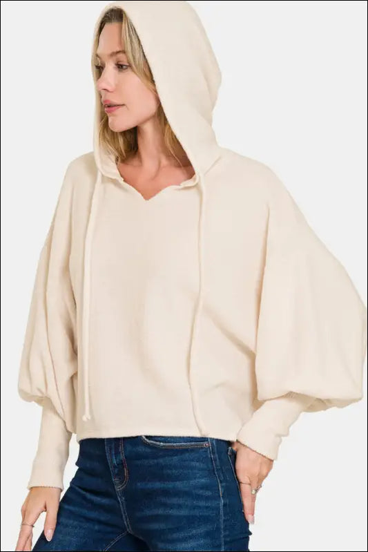Zenana Brushed Hacci Drop Shoulder Cropped Hoodie - Sand Beige / S/M