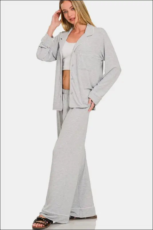 Zenana Button Down Long Sleeve Top and Pants Lounge Set