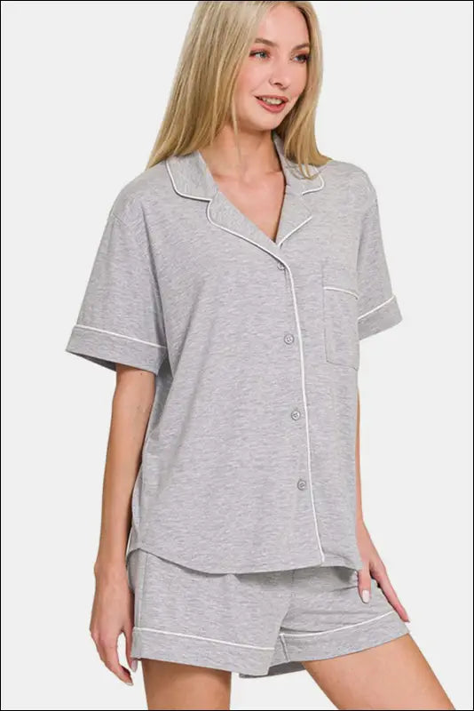 Zenana Button Down Short Sleeve Top and Shorts Lounge Set