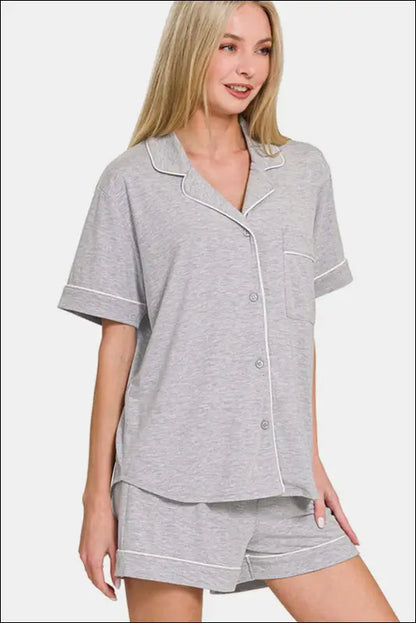 Zenana Button Down Short Sleeve Top and Shorts Lounge Set
