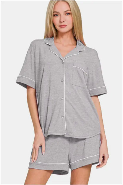 Zenana Button Down Short Sleeve Top and Shorts Lounge Set - Light Gray / S