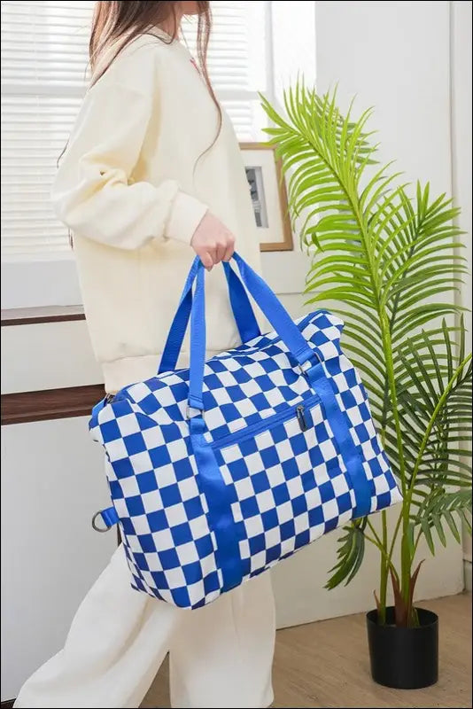Zenana Checkered Multi-Pocket Travel Bag - Blue / One Size